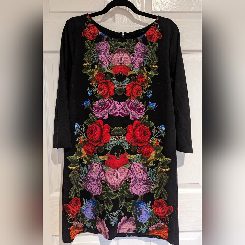 H&M Floral Red, Purple, and Black Shift Dress, Size Medium